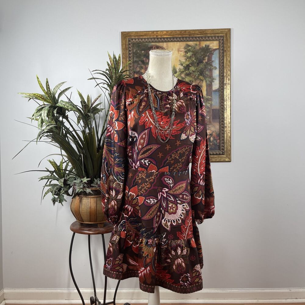 LOFT Floral Paisley Boho Mini Dress Women's Size 4 Brown Long Sleeve Ruffle Hem